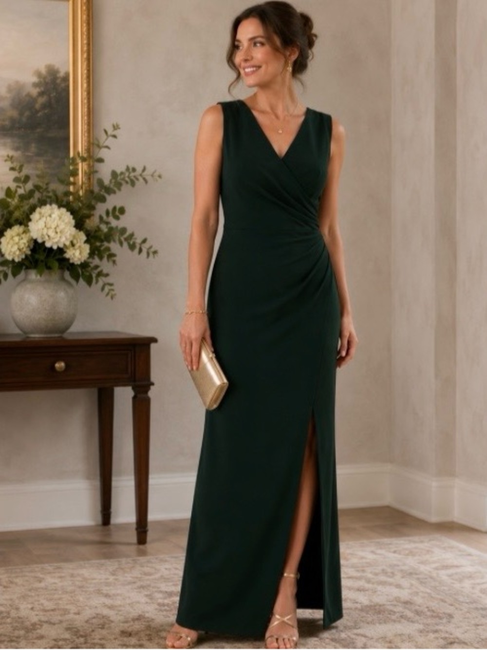 NWT Woosea XL Dark Green Sleeveless Crepe Evening Gown V-Neck Back Slit Slimming